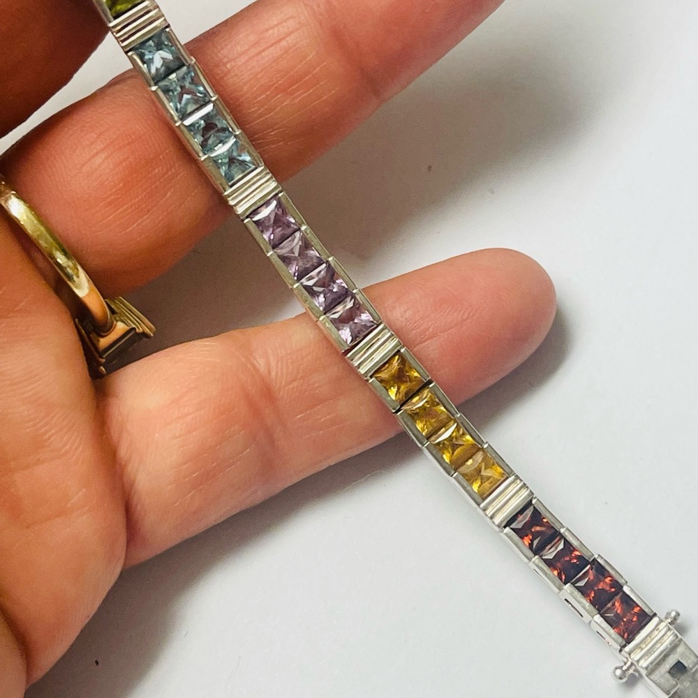Vintage Sterling Silver Gemstones Tennis Bracelet - Picture 9 of 9